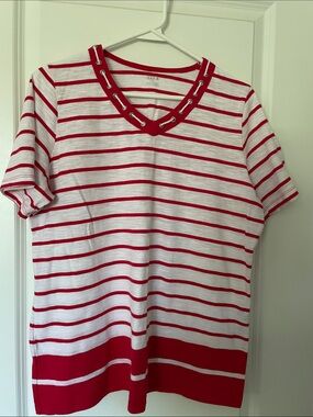 Alia Red & White Striped Short Sleeve Top with Grommet V-Neck